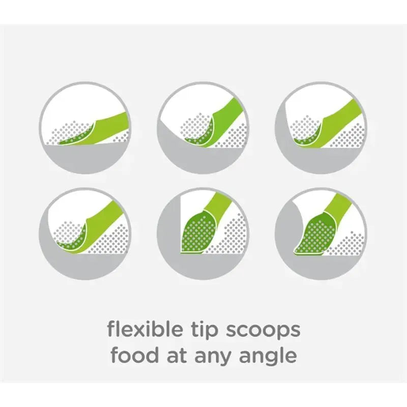 Flexible baby feeding spoons in green, demonstrating the ability to scoop food at various angles.
