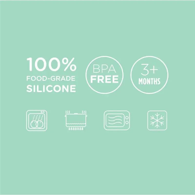 100% food-grade silicone, BPA free, safe for ages 3 months and older; includes icons for washing, boiling, microwaving, and freezing.