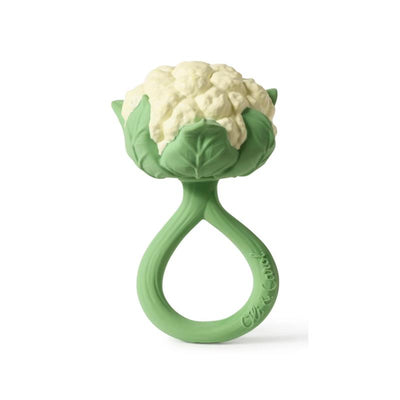 Cauliflower-shaped rattle toy in green with textured details, designed for infants.