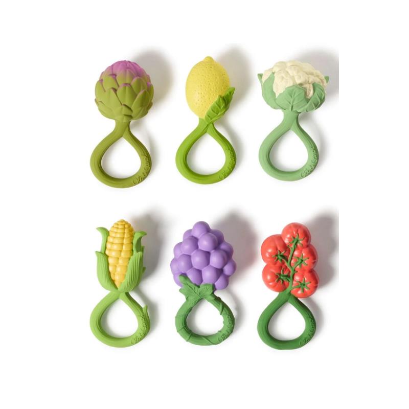 Colorful silicone fruit and vegetable rattles arranged in two rows, featuring cauliflower, corn, and grapes.