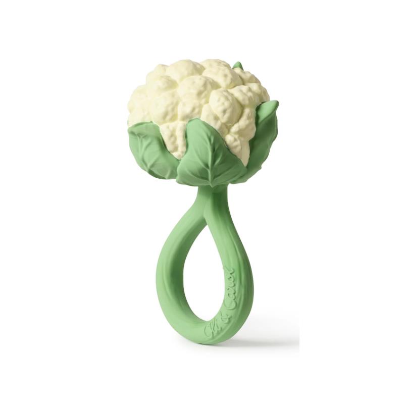 Cauliflower-shaped rattle toy by Oli & Carol, featuring a green handle and textured white florets.