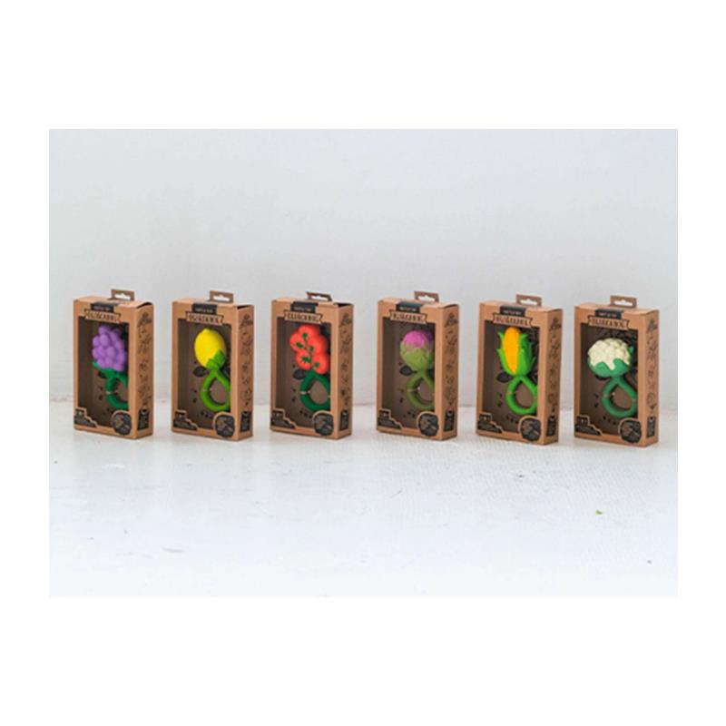 Colorful rattle toys designed as vegetables, including a cauliflower, displayed in brown packaging.