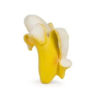 Chewable toy shaped like a banana, primarily yellow with a white peel, designed for infants.