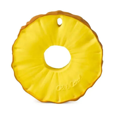 Chewable toy shaped like a pineapple, made of soft material, bright yellow color with a hole for easy grasping.
