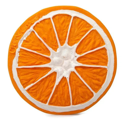 Chewable toy shaped like a sliced orange, featuring vibrant orange color and white detailing to mimic texture.