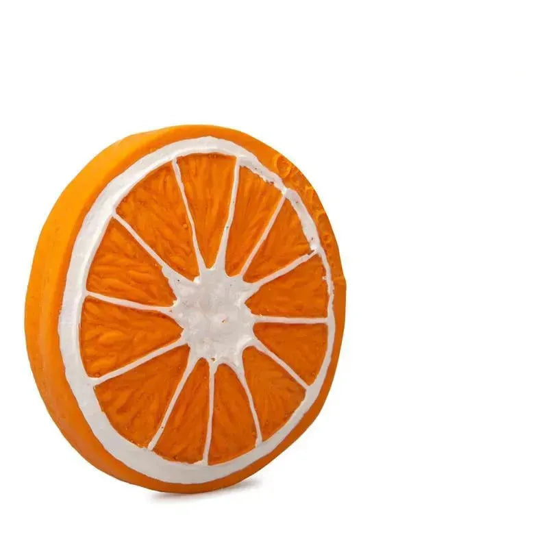 Chewable toy designed as a bright orange slice, featuring textured details and a soft, safe surface for children.