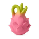 Chewable toy shaped like a pink dragon fruit, featuring textured details and green tips for sensory play.