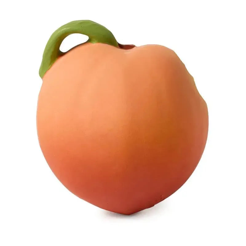 Chewable toy shaped like a palm peach, featuring a soft, peach-colored design with a green stem.