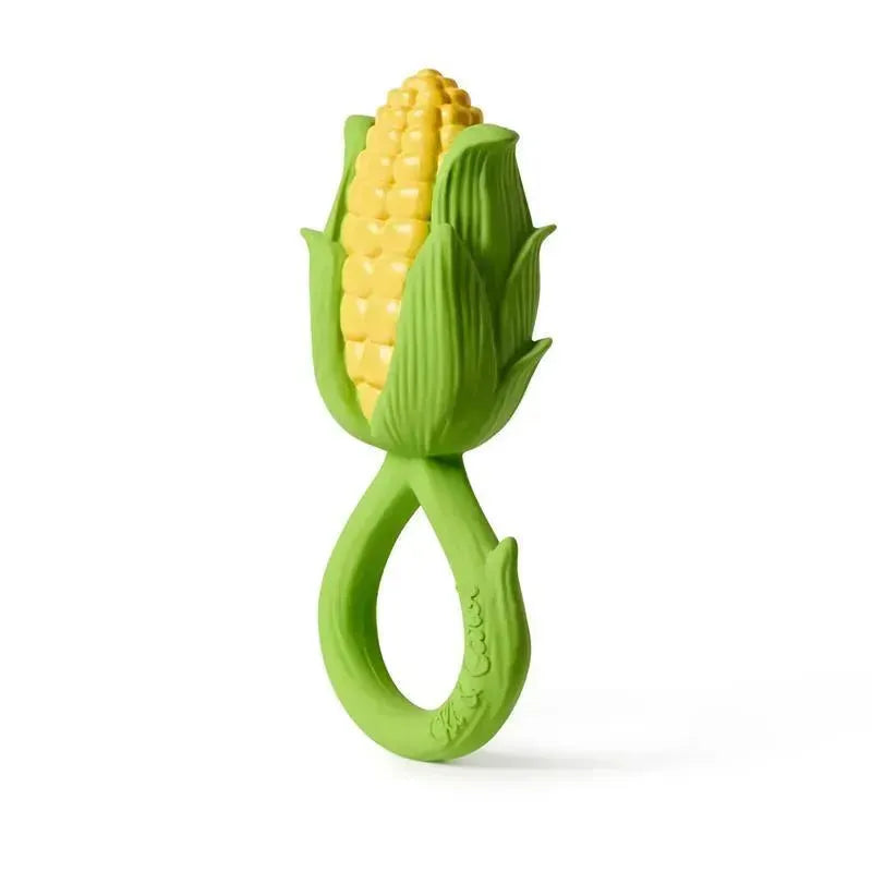 Corn-shaped rattle toy in yellow and green, designed for infants, featuring a soft, easy-to-grip handle.