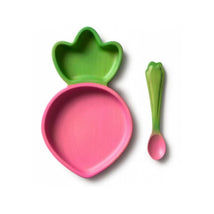 Ramona The Radish Plate & Spoon Set featuring a pink radish-shaped plate with a green leaf and a matching green spoon.