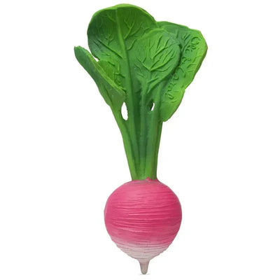 Chewable toy shaped like a pink radish with green leaves, designed for children to chew and play safely.