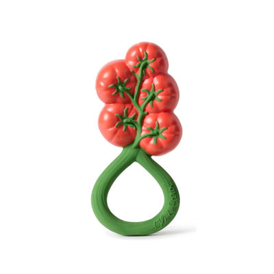 Bright red tomato-shaped rattle toy with a green handle, designed for infants to grip and play with.