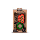 Oli & Carol Tomato Rattle Toy displayed in packaging, featuring bright red tomatoes and a green teething ring.