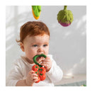 A baby with red hair bites a green-handled rattle toy shaped like a cluster of red tomatoes.