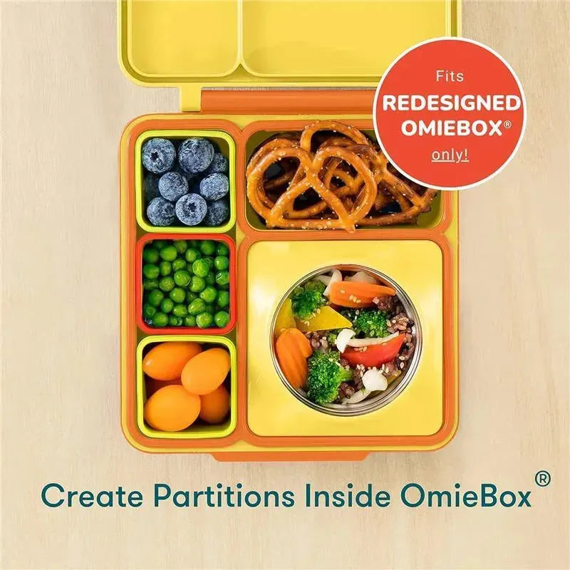 Leakproof dips containers in a yellow and red design, featuring sections with snacks like blueberries, pretzels, and vegetables.