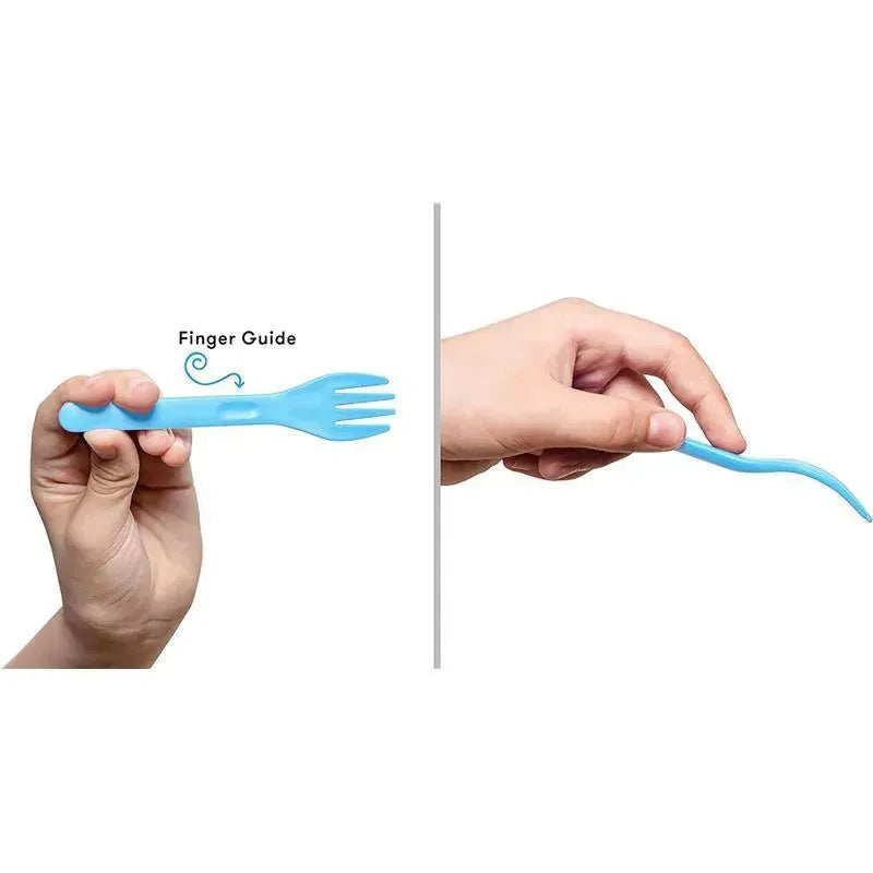Reusable Capri Blue fork and spoon set for kids, featuring a finger guide for easier handling.