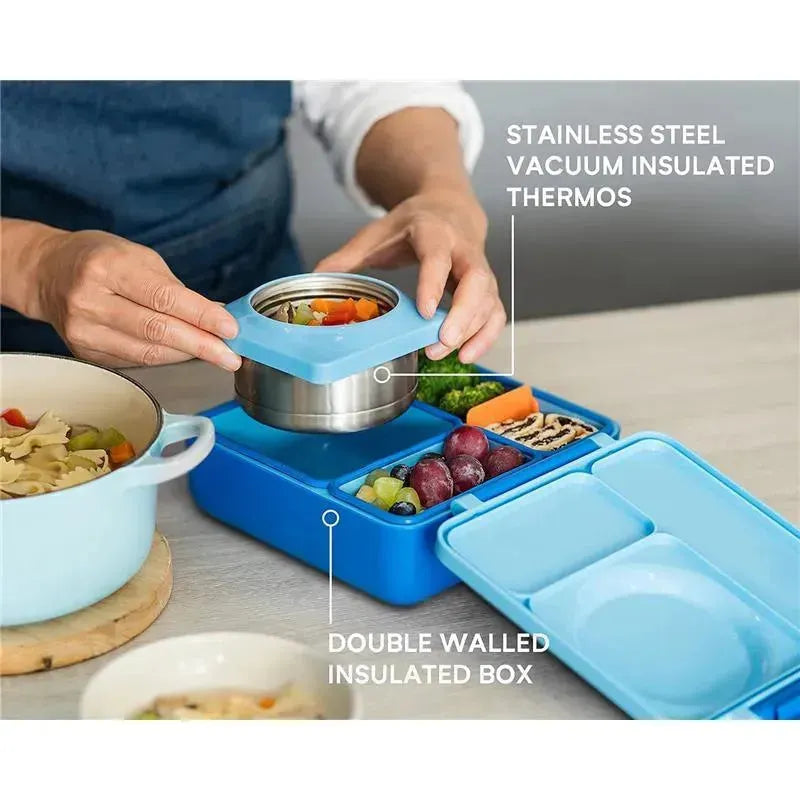 Divider for OmieBox in orange and blue, showcasing a stainless steel insulated thermos and a double-walled lunch box filled with food.