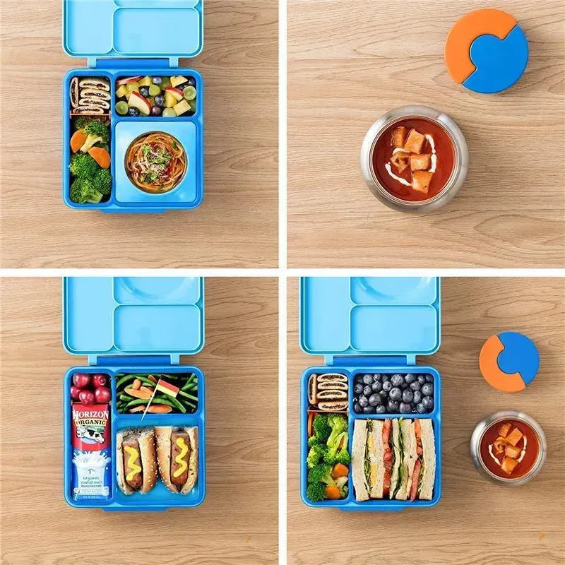OmieBox in blue with orange divider, featuring various foods including sandwiches, fruit, and vegetables in a divided lunch container.