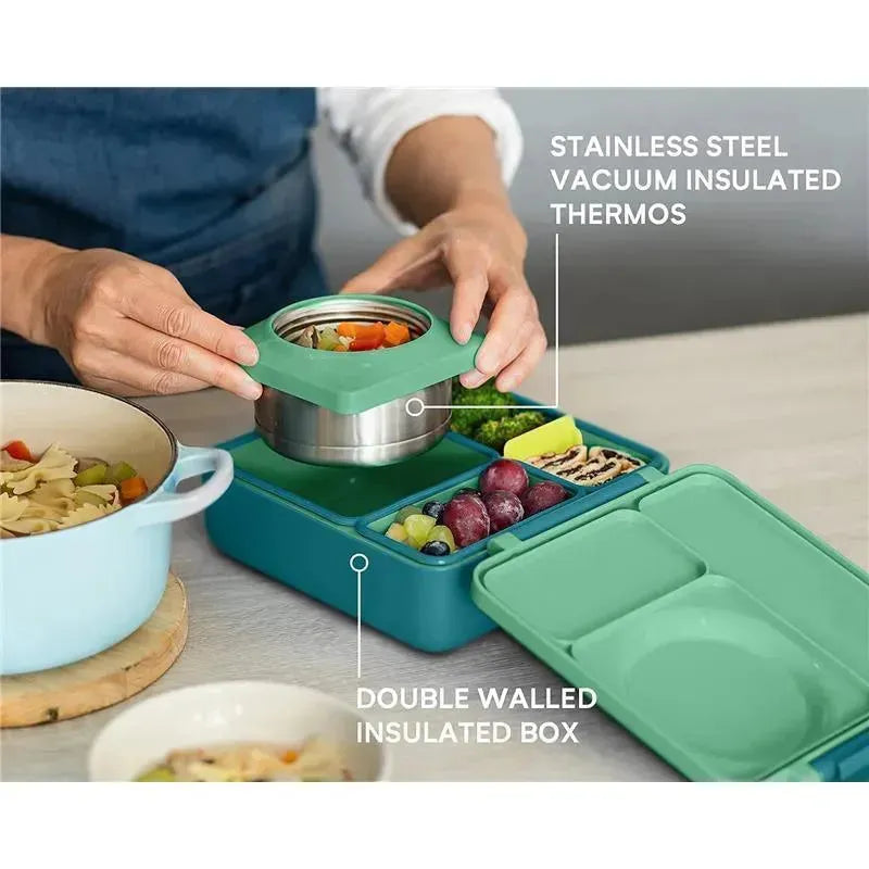 OmieBox in lime and meadow green with a stainless steel vacuum insulated thermos and a variety of food items inside.