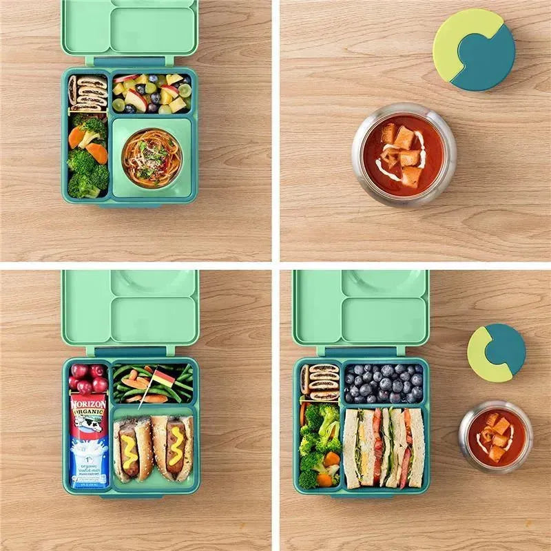 OmieBox in lime and meadow colors, featuring divided compartments filled with healthy foods like veggies, fruits, and sandwiches.