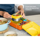 OmieBox in blue and orange, featuring a stainless steel thermos and compartments for food, with vibrant fruits and vegetables.