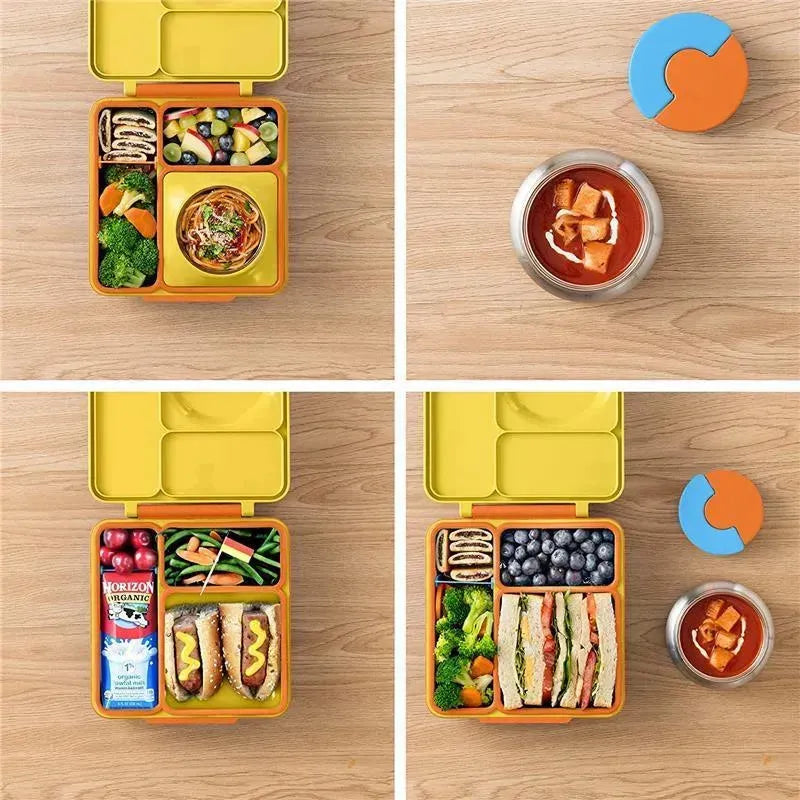 OmieBox in blue and yellow, featuring various compartments with healthy foods like fruits, vegetables, and sandwiches.