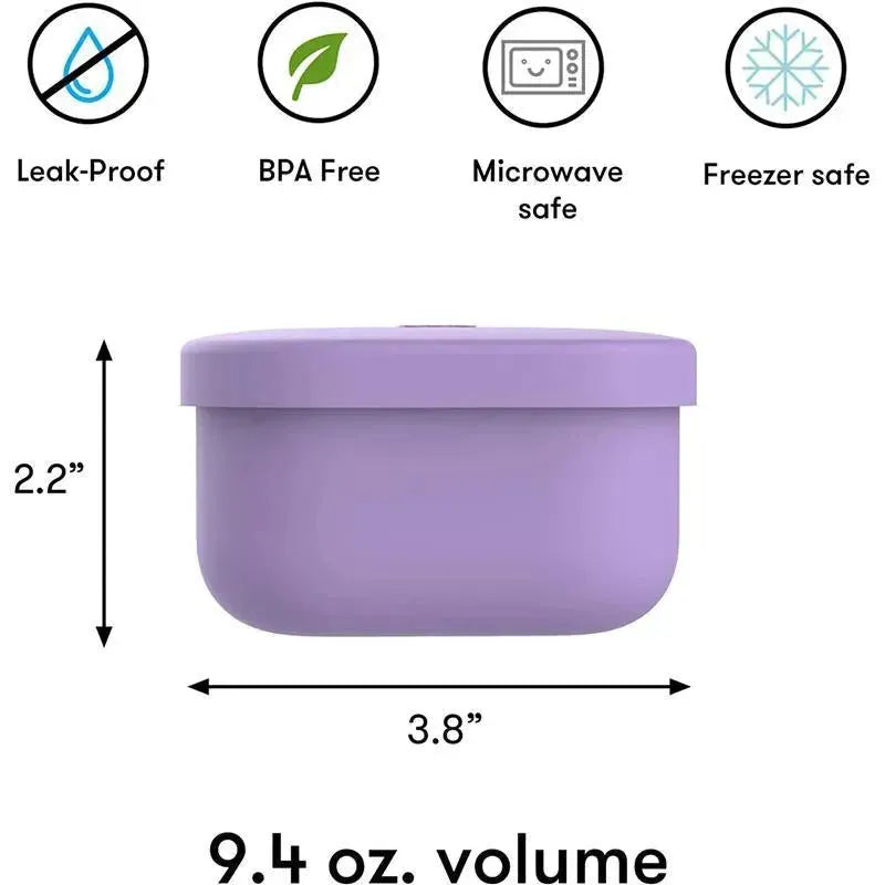 Purple OmieBox food storage container, 9.4 oz volume, dimensions 2.2” height x 3.8” width, features leak-proof, BPA-free, microwave and freezer safe.