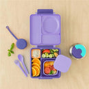 Purple OmieBox food storage container with lid, featuring compartments filled with salad, oranges, and a sauce. Includes utensils.