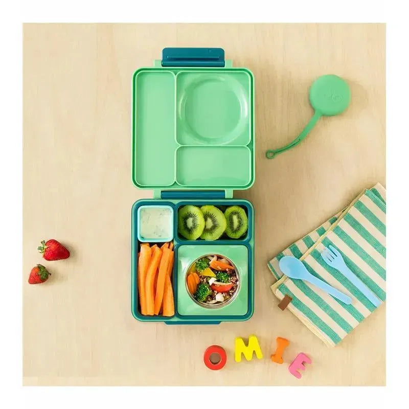 Includes a blue and lime OmieBox with compartments filled with carrots, kiwi, and salad, alongside a small dip container.