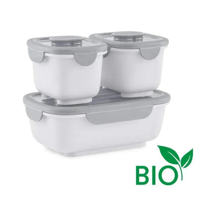 Omie Box - OmieGo Containers Bundle in white and grey, featuring three stackable containers with lids; labeled “BIO.”