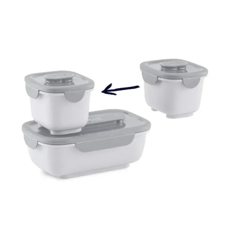 OmieGo containers bundle in stone color, featuring two stackable food storage containers with gray lids.