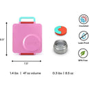 Insulated pink bento box with a handle, featuring a leak-proof thermos and BPA-free design details.