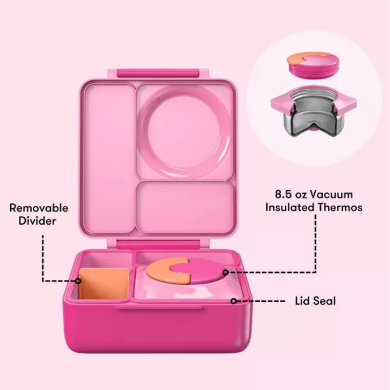 Insulated pink Bento lunch box with removable divider, compartments, and 8.5 oz vacuum insulated thermos feature.