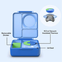 Insulated bento lunch box in sea blue with removable divider, featuring an 8.5 oz vacuum insulated thermos and lid seal.