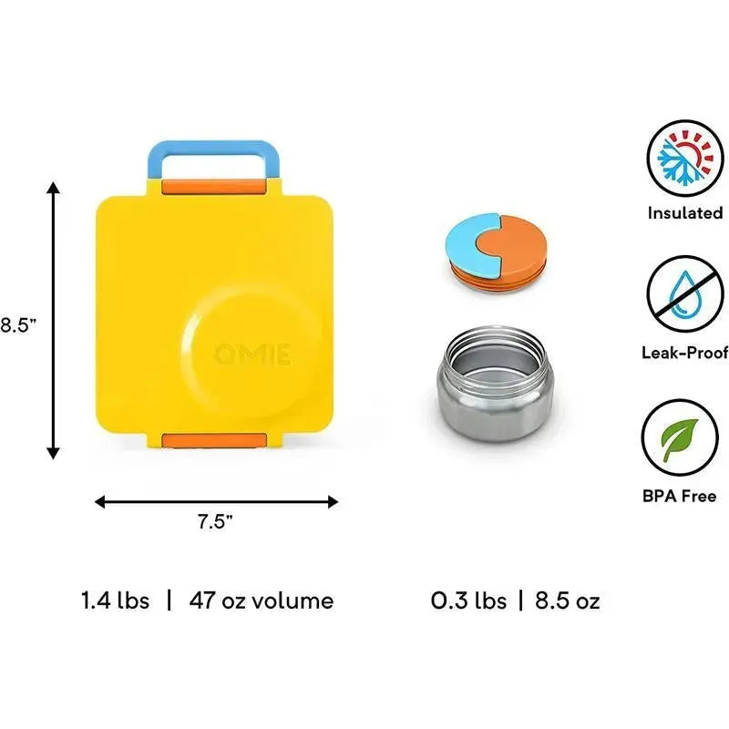 Insulated yellow OmieBox bento box with blue handle, leak-proof thermos jar, dimensions, and features displayed alongside.