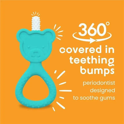360° baby teether in seafoam with bear design, features teething bumps for soothing gums.