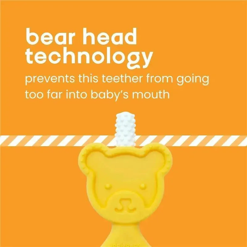 Baby teether with bear head design in yellow and white, featuring text on orange background about safety technology.
