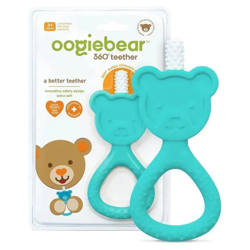 Oogiebear 360° baby teether in seafoam color, featuring a bear design, packaged with safety and use instructions.