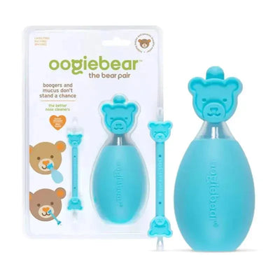 Nasal aspirator set featuring Oogiebear in blue, including a hunter and ear cleaner, with bear-shaped designs.