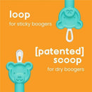 Nasal aspirator with a bear design, featuring a loop for sticky boogers and a scoop for dry boogers, on orange background.