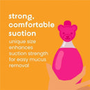 Nasal aspirator in hand, featuring a bear-shaped top, with text highlighting strong suction and easy mucus removal.