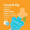 Blue Oogiebear nasal aspirator with round tip, designed for secure suction on baby’s nostrils; includes lock icon.