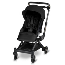 Compact black stroller with a reclining seat, adjustable canopy, and safety harness, designed for ease of use.