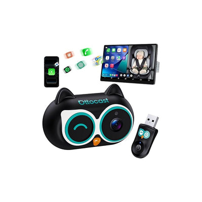 OTTOCAST Cabin Care Car Adapter with baby camera, featuring a black owl design, USB receiver, and wireless display with baby monitor view.