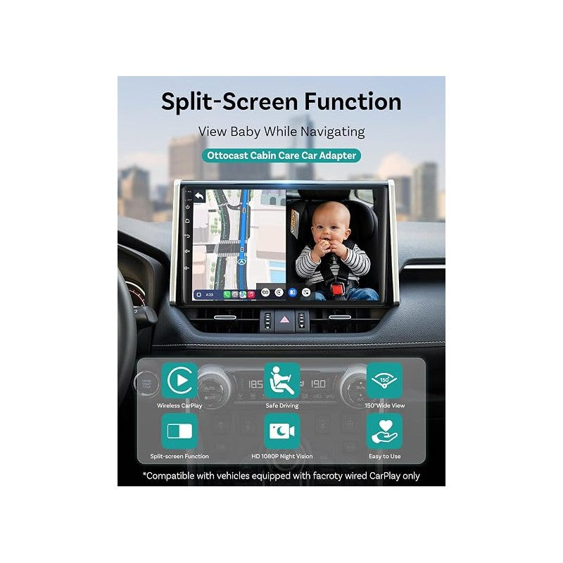 OTTOCAST Cabin Care Car Adapter displayed on a car screen, showing a split-screen view with a baby monitor and navigation map.