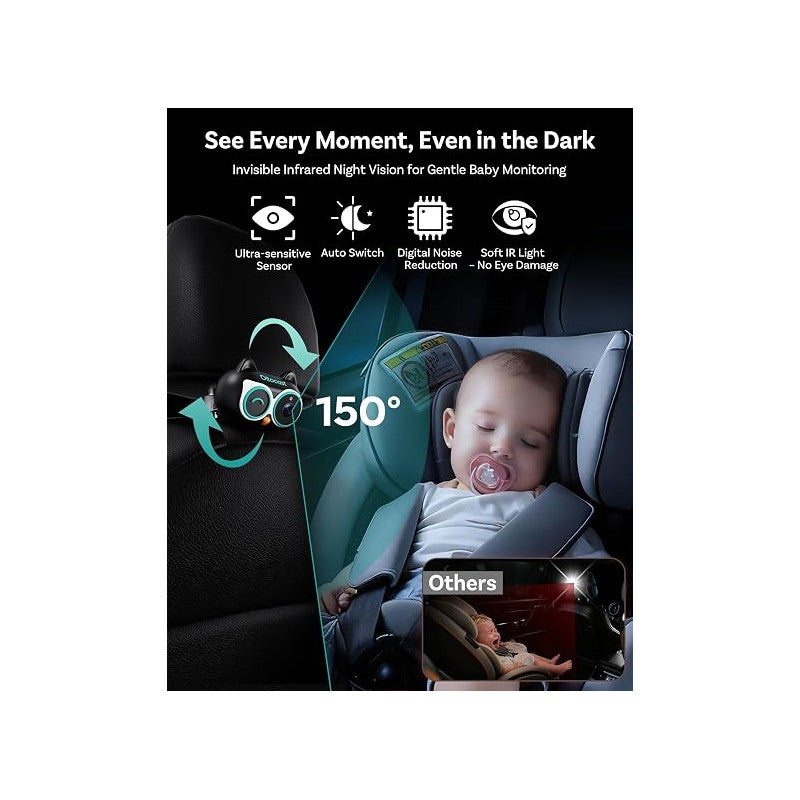 Baby car camera with 150° view, featuring infrared night vision, monitoring a sleeping baby in a car seat.
