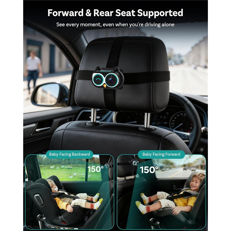 Baby car camera mounted on a headrest, showing views of a rear-facing and forward-facing child seat.