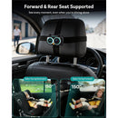 Baby car camera mounted on a headrest, showing views of a rear-facing and forward-facing child seat.