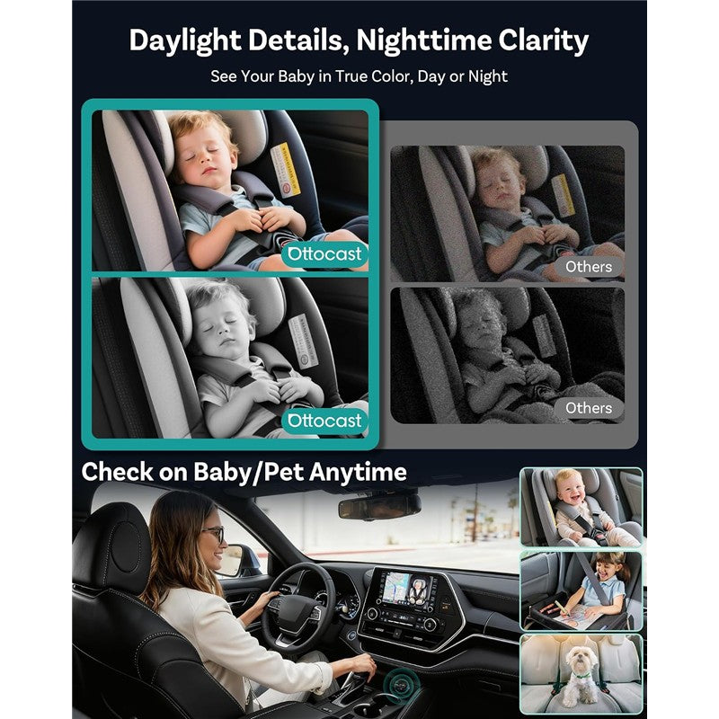 Wireless CarPlay adapter showcasing baby monitor features with sleep images, side-by-side comparisons, and a driving woman.