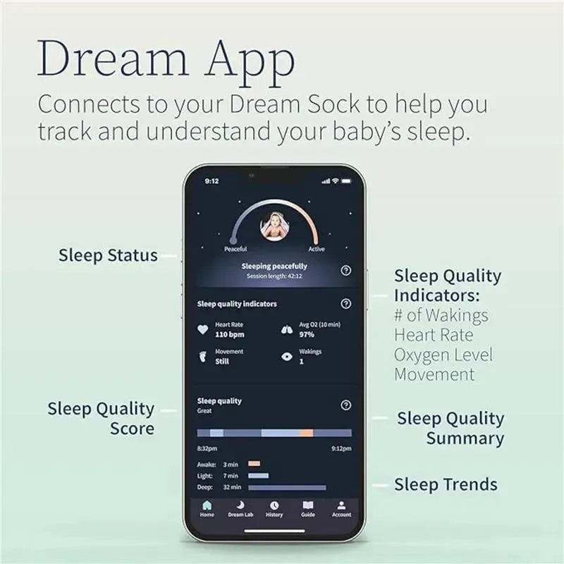 Dream App interface displaying baby sleep status, quality indicators, and session details for use with the Dream Sock monitor.